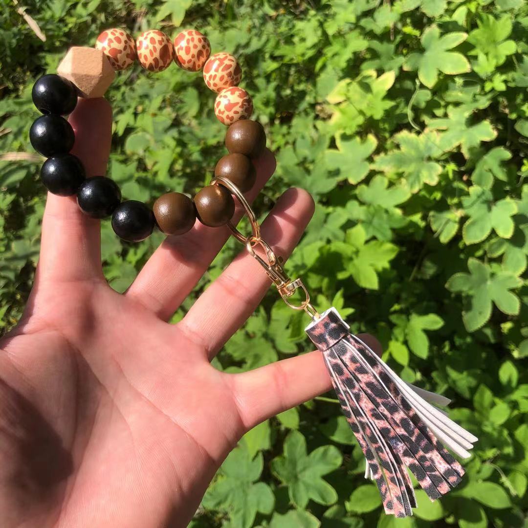 Wholesale Christmas Wooden Beads Plaid Leopard Print PU Tassel Bracelet Keychain