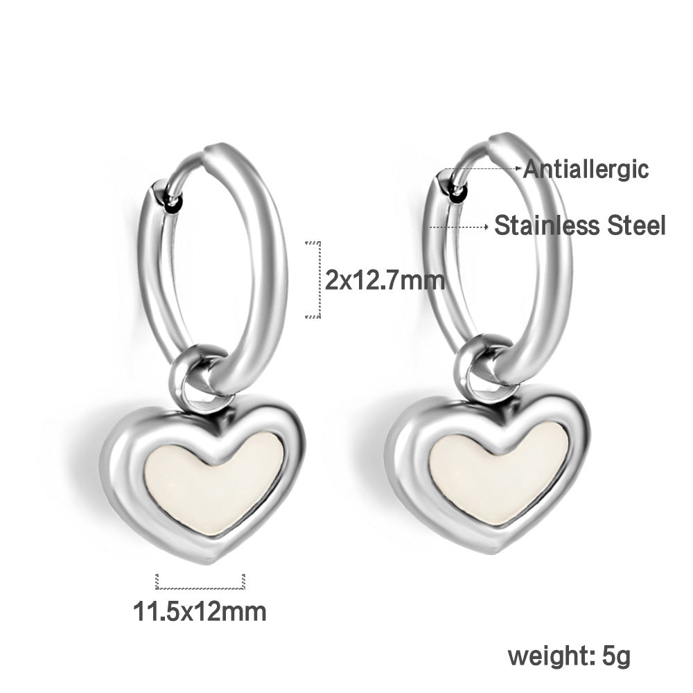 Wholesale Stainless steel round circle heart-shaped white shell earrings for women