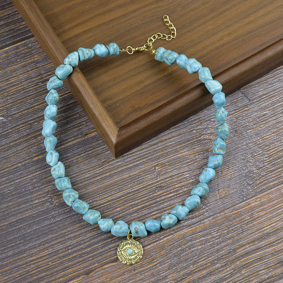 Wholesale Bohemian Turquoise Bead Necklace With Heart Pendant Zinc Alloy Electroplated Trendy Party Jewelry For Women Boutique Resale