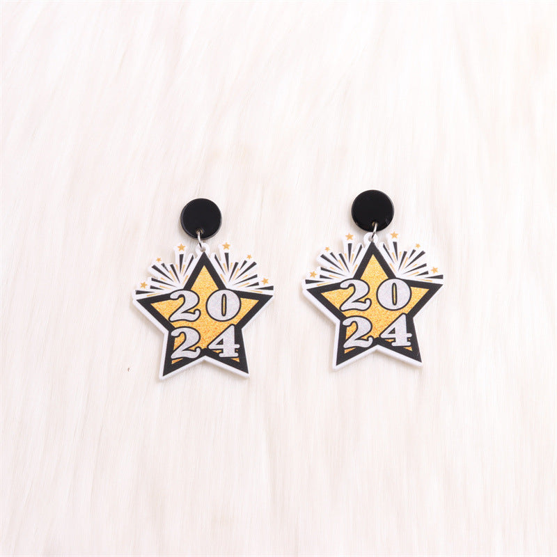 Wholesale 2024 New Year Five-Pointed Star Wine Glass Snowflake Acrylic Earrings