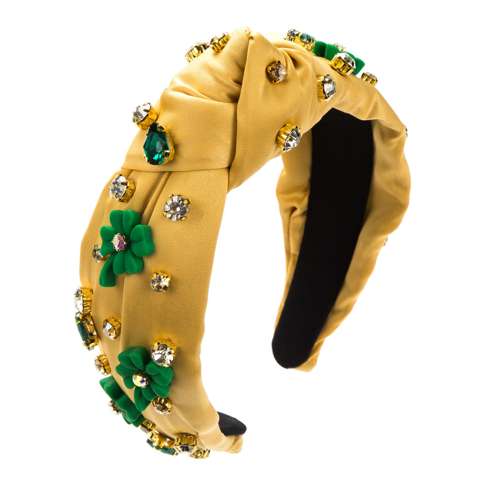 Wholesale St. Patrick's Day Dopamine Fabric Hand-stitched Glass Diamond Flower Headband
