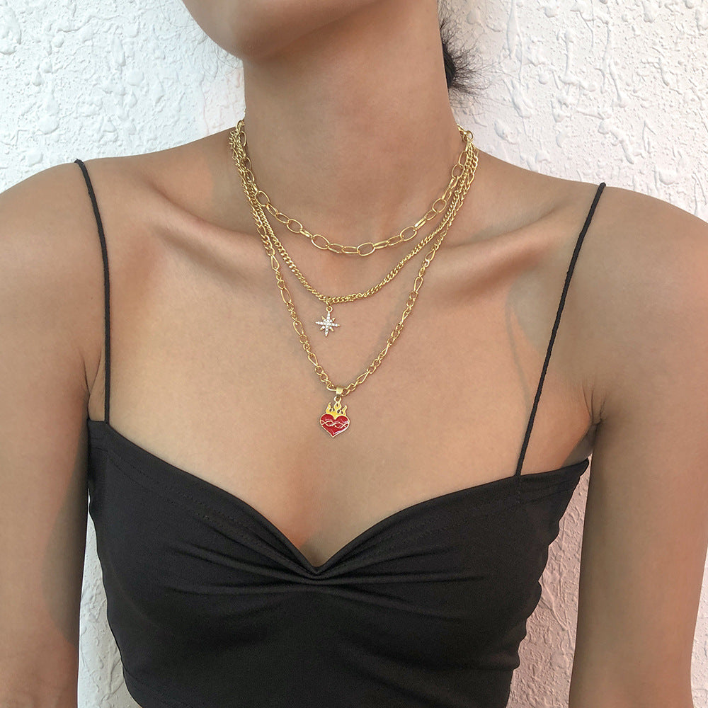 Wholesale Multi-layered Eight-pointed Star Oil Drop Heart Necklace