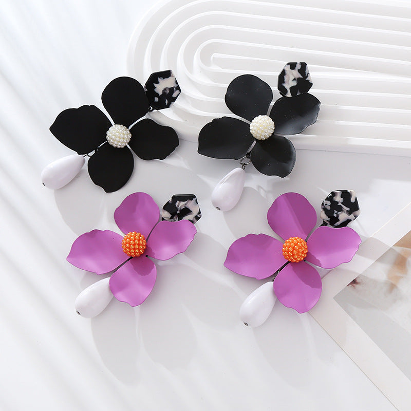 Wholesale Exaggerated Long Multi-layered Flower Alloy Painted Drop-shaped Pearl Earrings