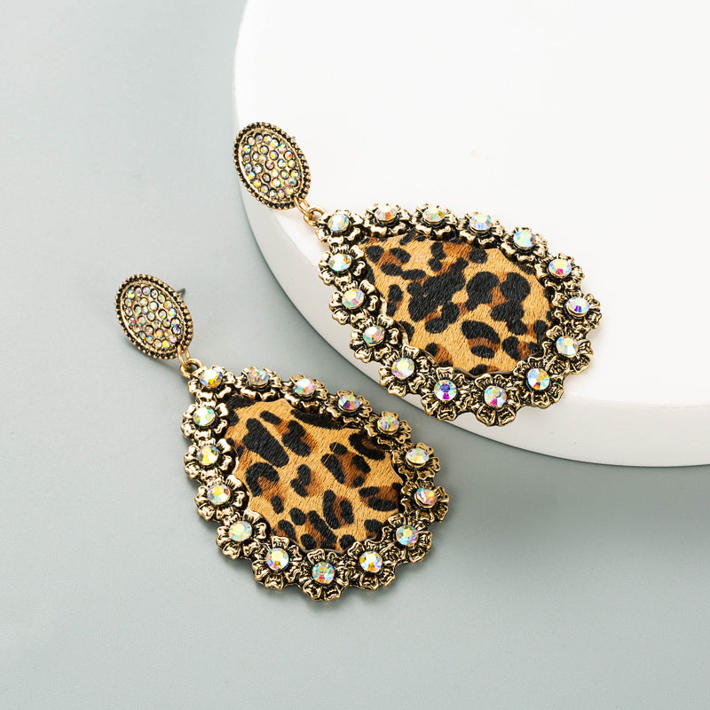 Wholesale Leopard leather diamond studded colorful sequin earrings