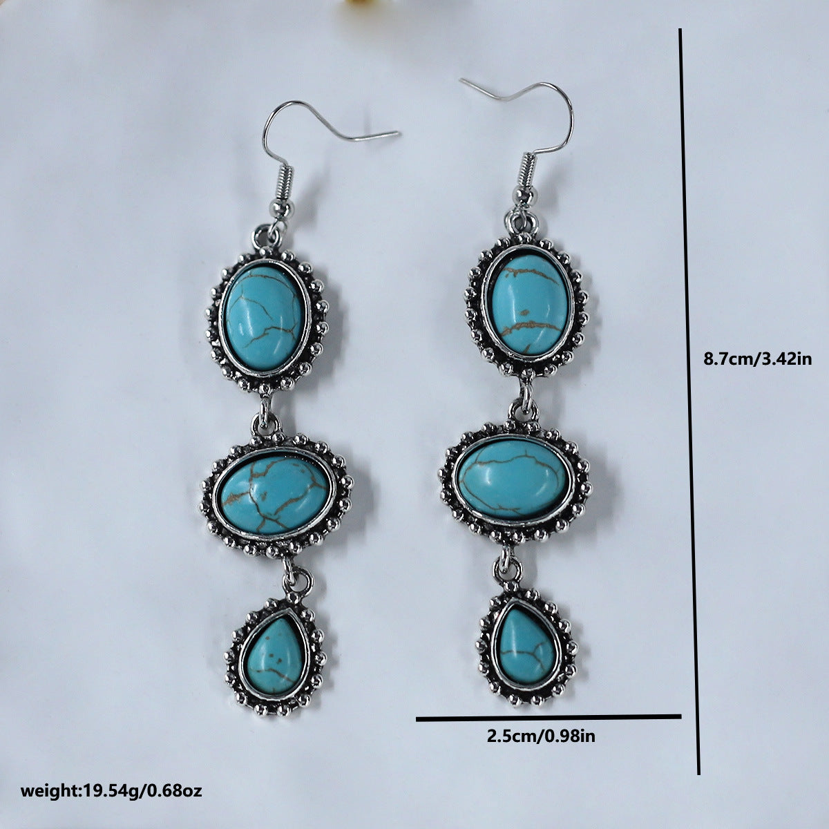 Wholesale Retro Turquoise Inlaid Long Geometric Oval Earrings