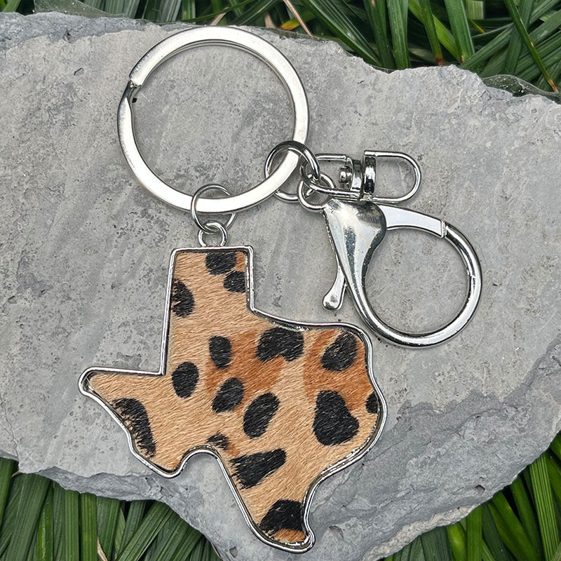 Wholesale 2PCS/PACK Western Map West Leather Keychain Alloy Leopard Print Cow