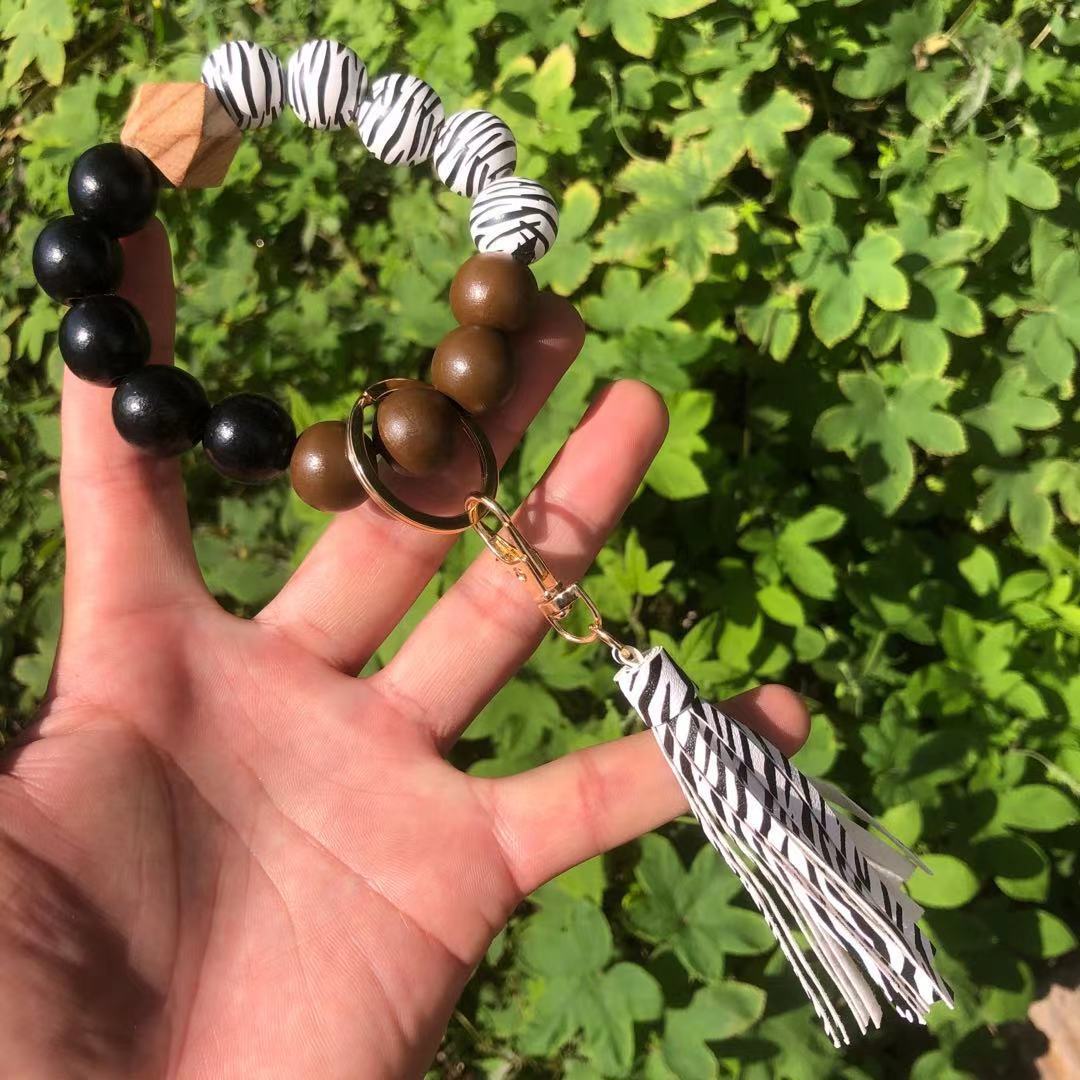 Wholesale Christmas Wooden Beads Plaid Leopard Print PU Tassel Bracelet Keychain