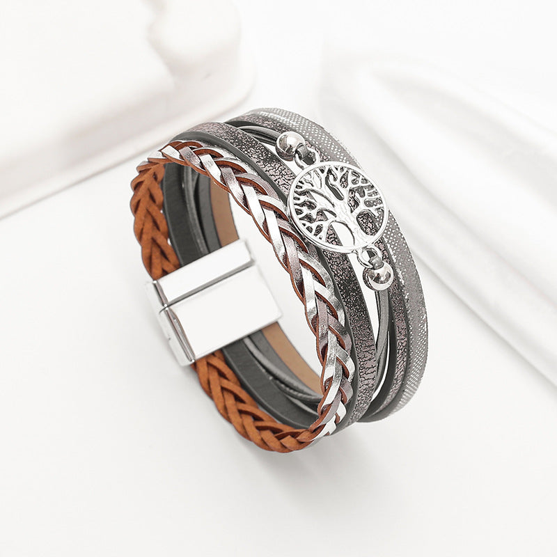 Wholesale Bohemian multi-layered leather hand-woven diamond magnetic clasp bracelet