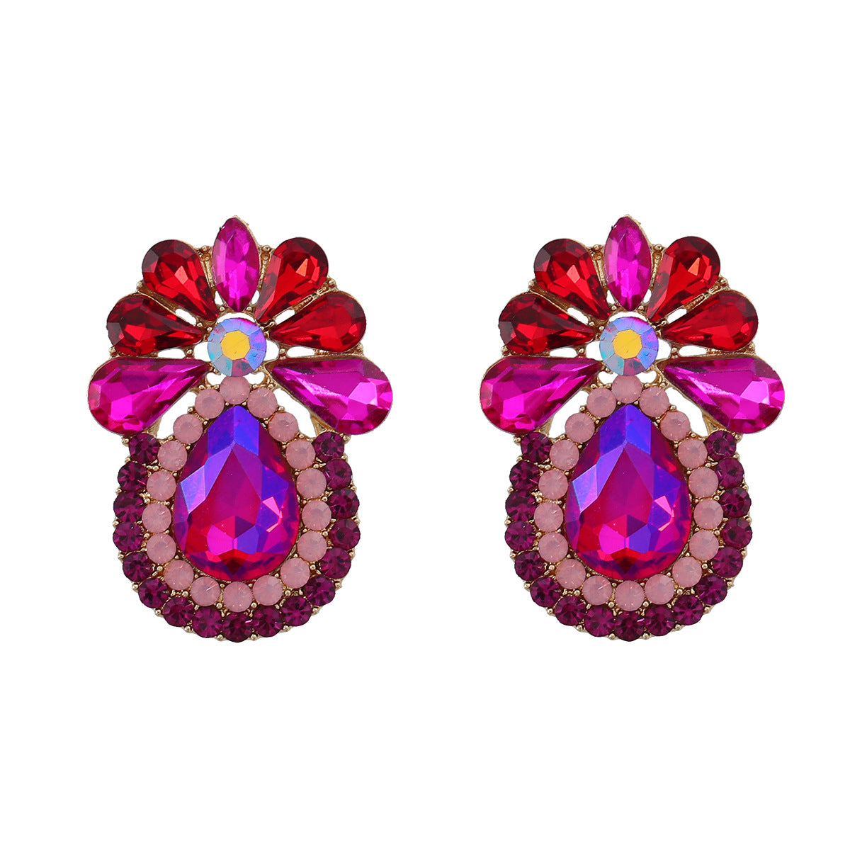 Wholesale Alloy Color Diamond Drop Shape Flower Gemstone Earrings