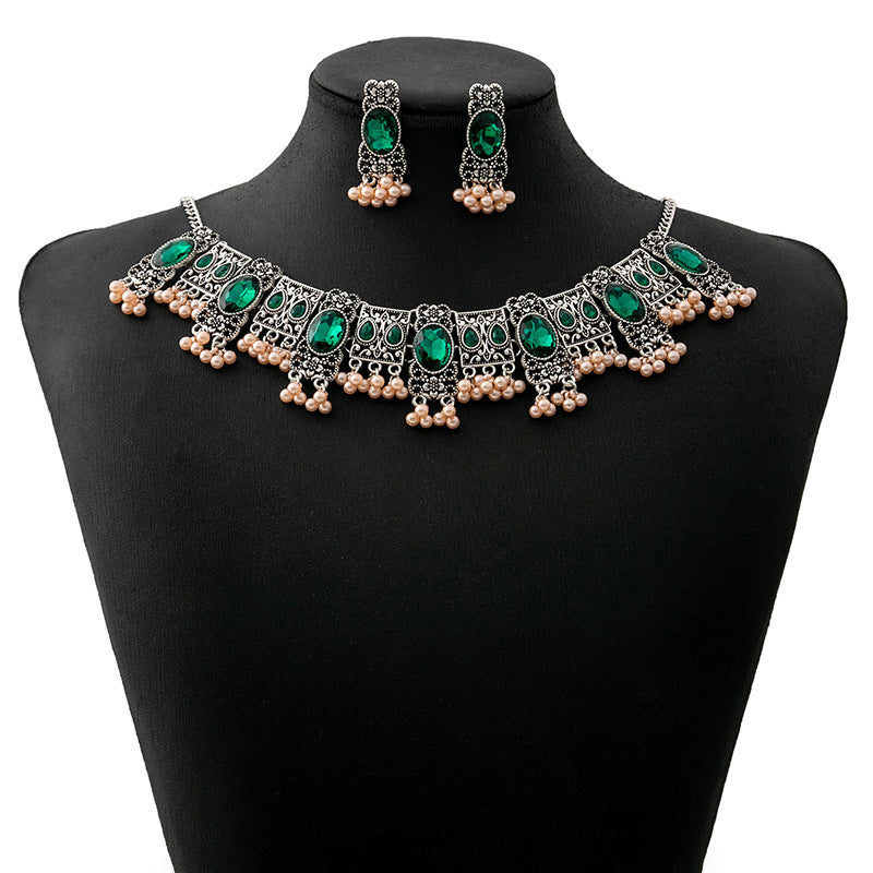Wholesale Vintage Emerald Ethnic Style Square Tassel Rice Beads Earrings Necklace Set