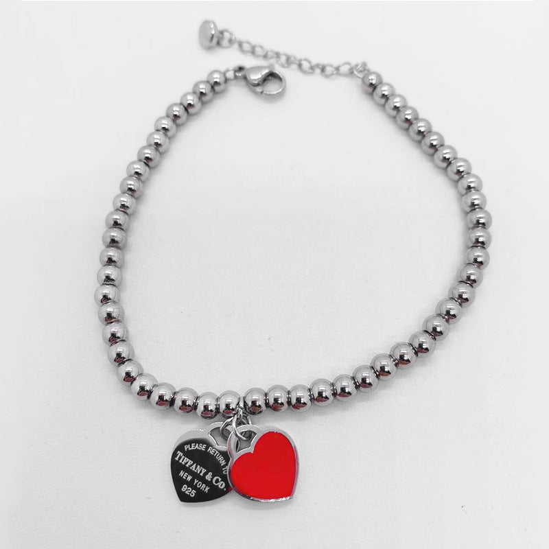 Wholesale Double Heart Bead Titanium Steel Peach Heart Pendant Love Epoxy Bracelet