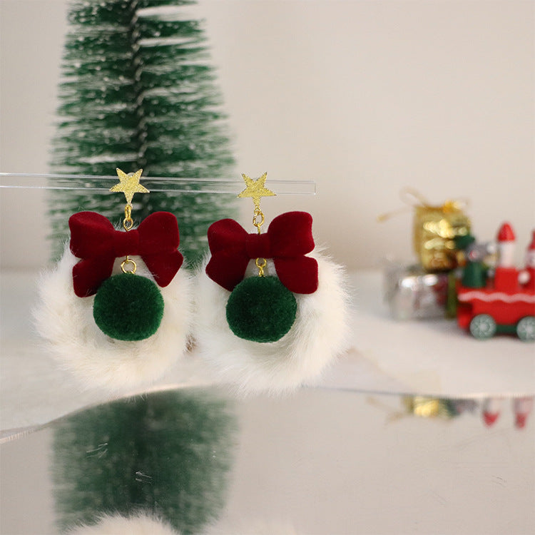 Wholesale Christmas Round Bow Garland Fur Ball Earrings