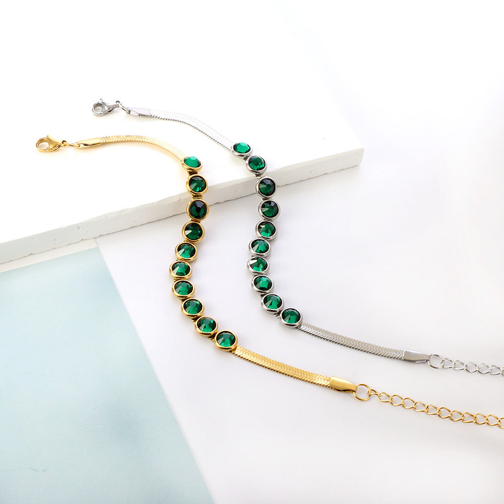 Wholesale Vintage Flat Snake Chain Round Green Diamond Devil's Eye Pulling Bracelet