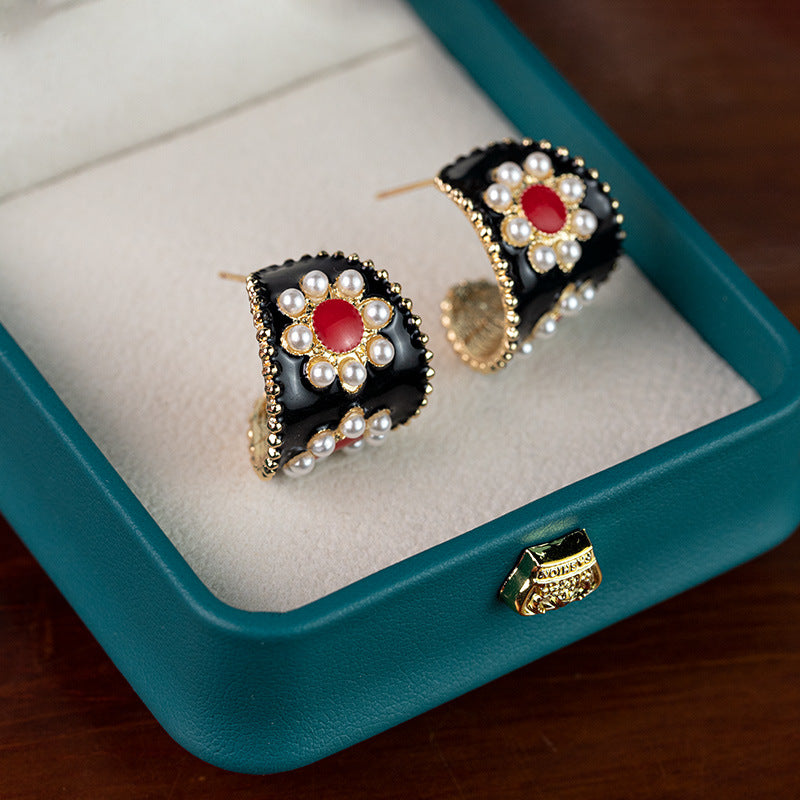 Wholesale Oil Drop Round Pearl Geometric C Shape Earrings