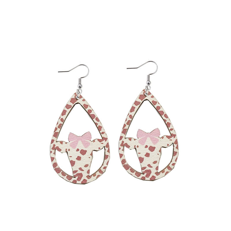 Wholesale Pink Bow Cow Droplets Wooden Hollow Earrings