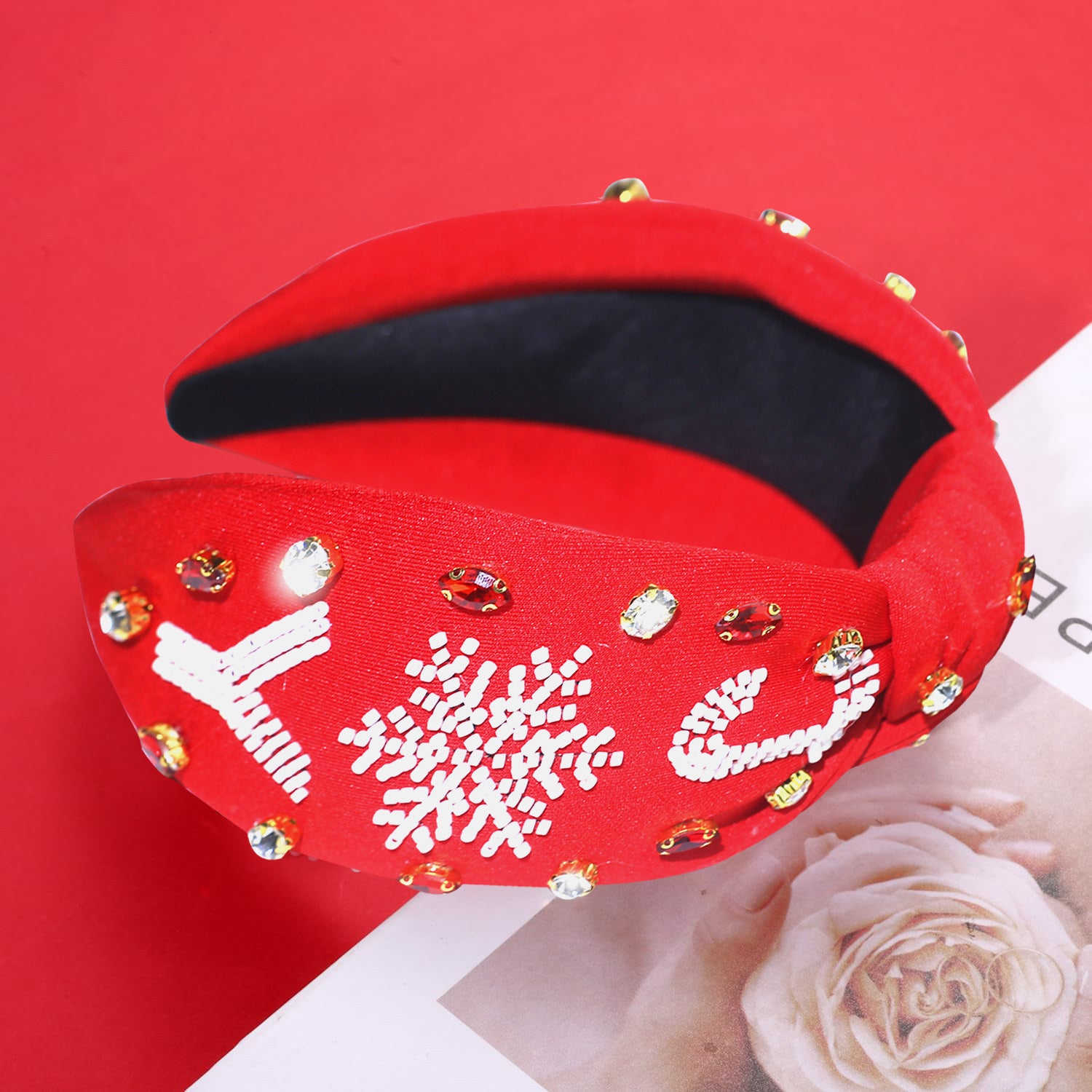 Wholesale Christmas Snowflake Rice Beads Rhinestone Wide Brim Fabric Headband
