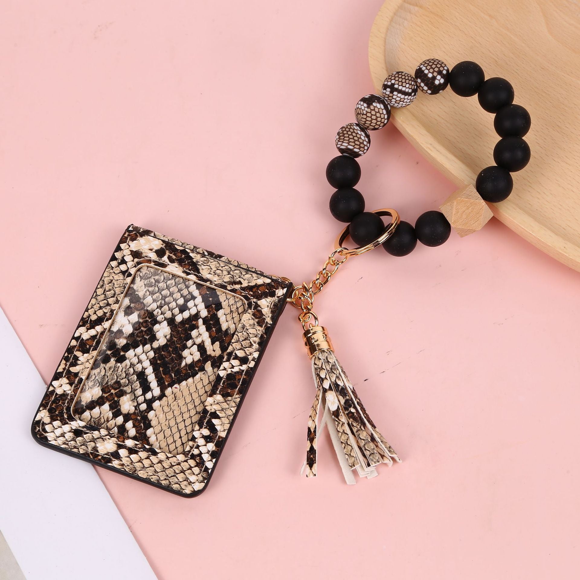 Wholesale Leopard Print Card Holder Silicone Beaded Wrist Keychain
