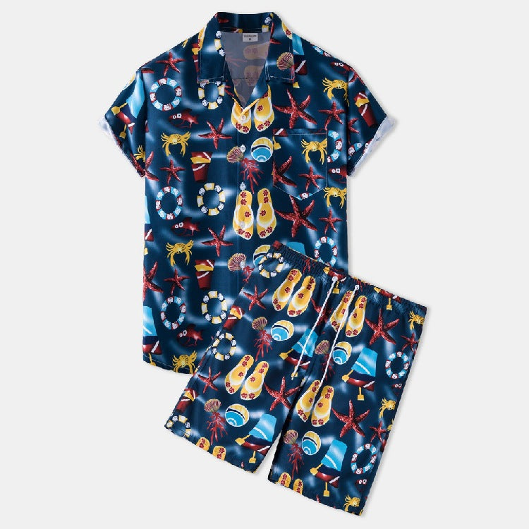 Wholesale Hawaiian Beach Style Set Men's Printed Short Sleeve Shirt + Beach Shorts