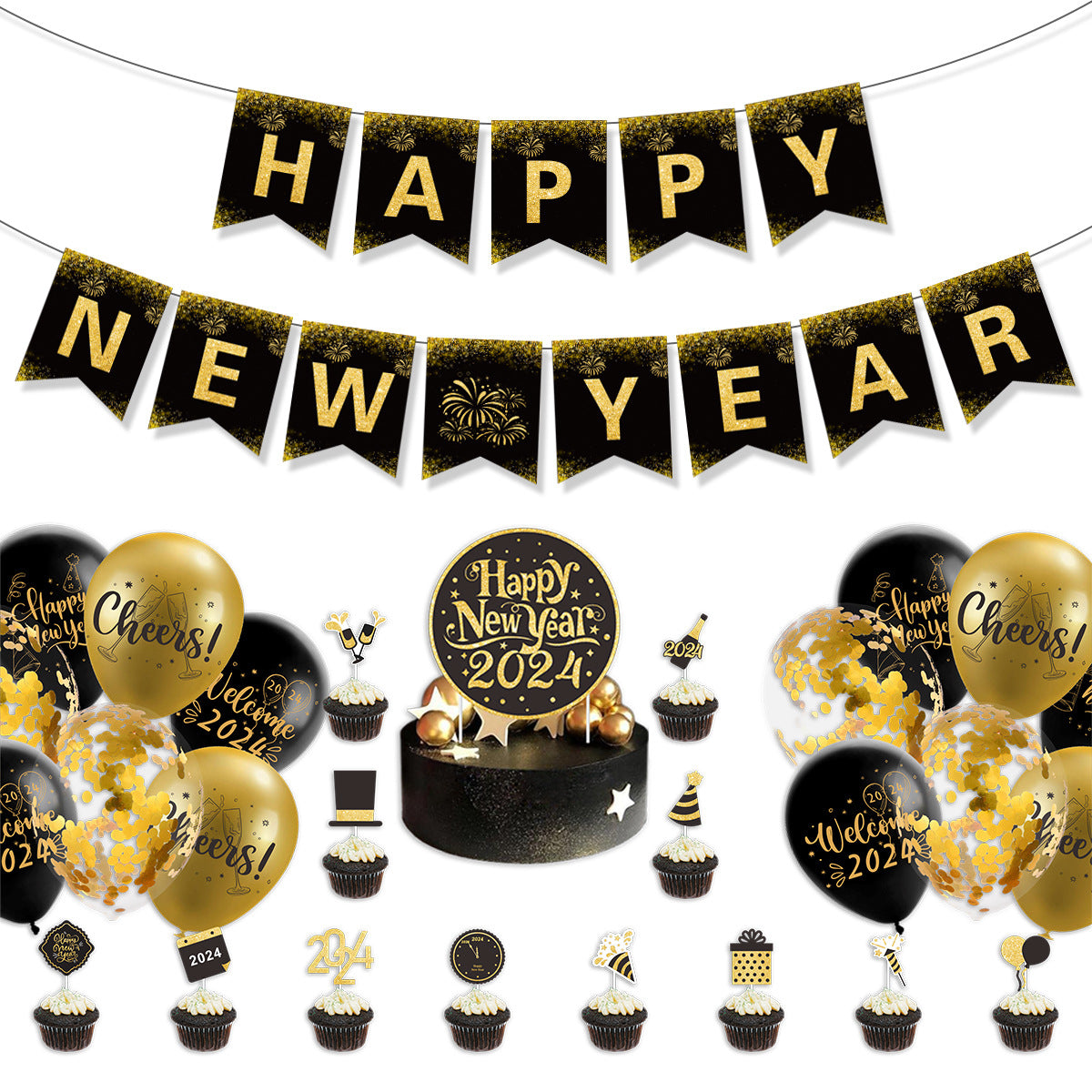 Wholesale 2024 Happy New Year Paper Flag Balloon Set