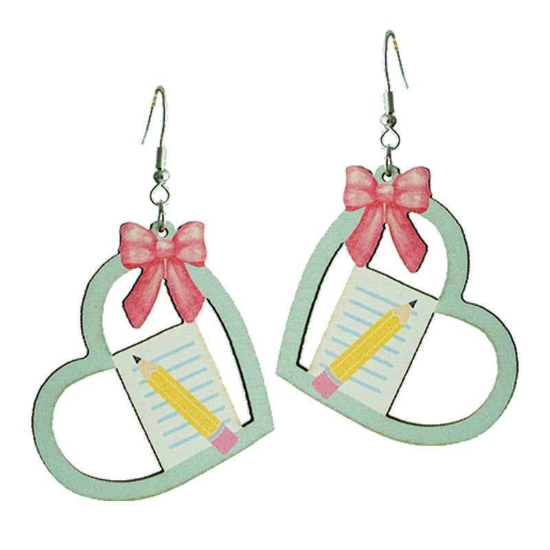 Wholesale 2 Pairs/Pack Heart Shape Bow Book Pencil Apple Wooden Earrings