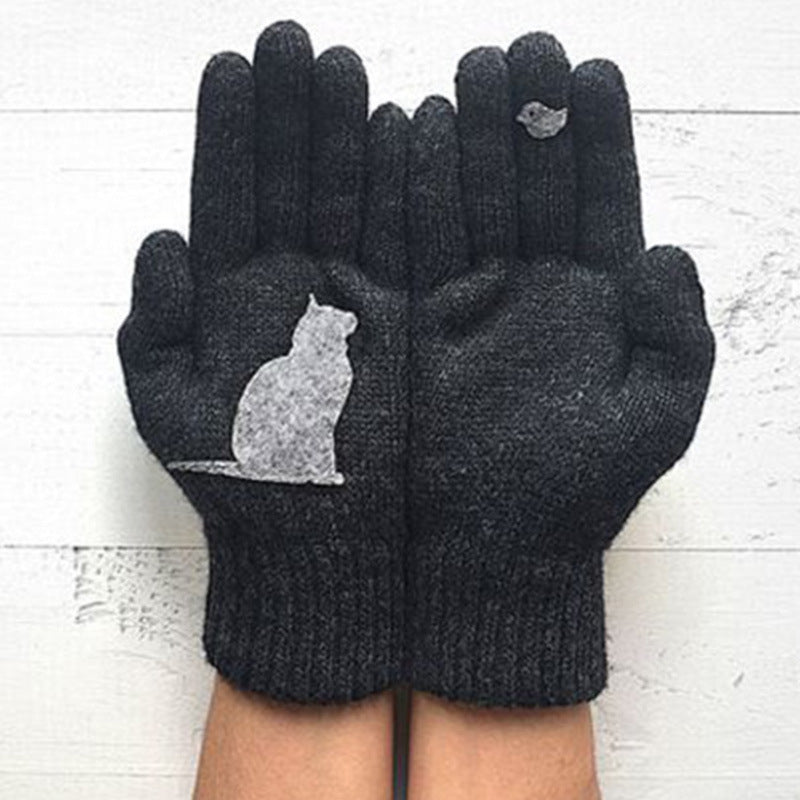 Wholesale Autumn and Winter Outdoor Warm and Cold-proof Thickened Cat and Bird Print Gloves