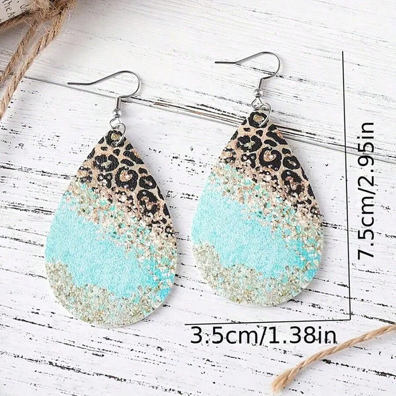 Wholesale Western Style Leopard Print PU Leather Earrings For Women Double Sided Waterdrop Wave Design Fashion Accessory Gift