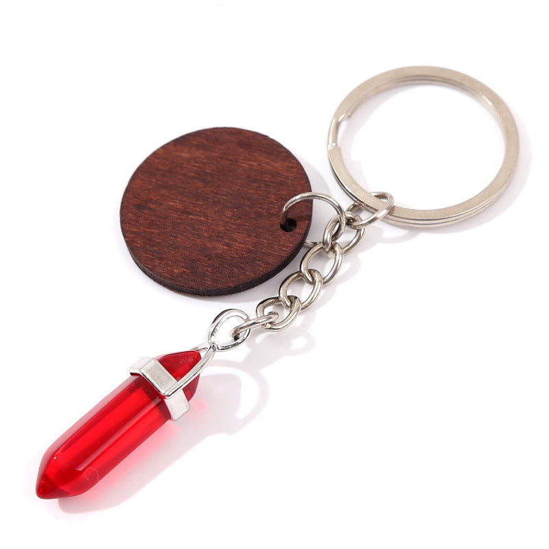 Wholesale Stone Crystal Hexagonal Pillar Round Wood Chip Keychain