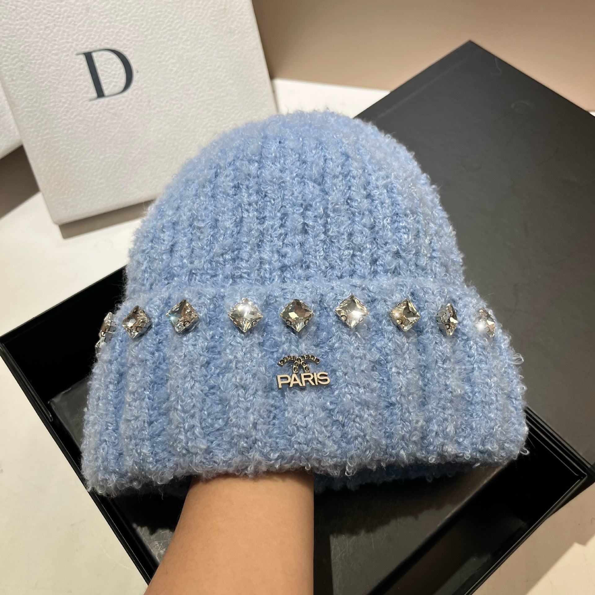 Wholesale Thick Warm Teddy Curl Cute Rhinestone Knitted Hat
