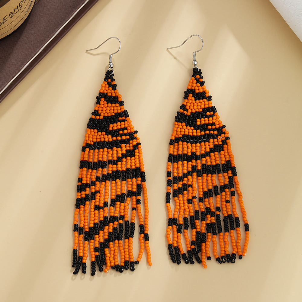 Wholesale Leopard Grain Rice Bead Tassels Hand Woven Earrings