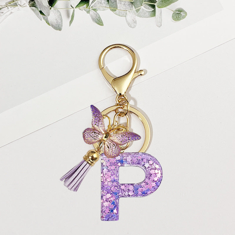 Wholesale Pink sequined butterfly 26 letter Sequin Keychain