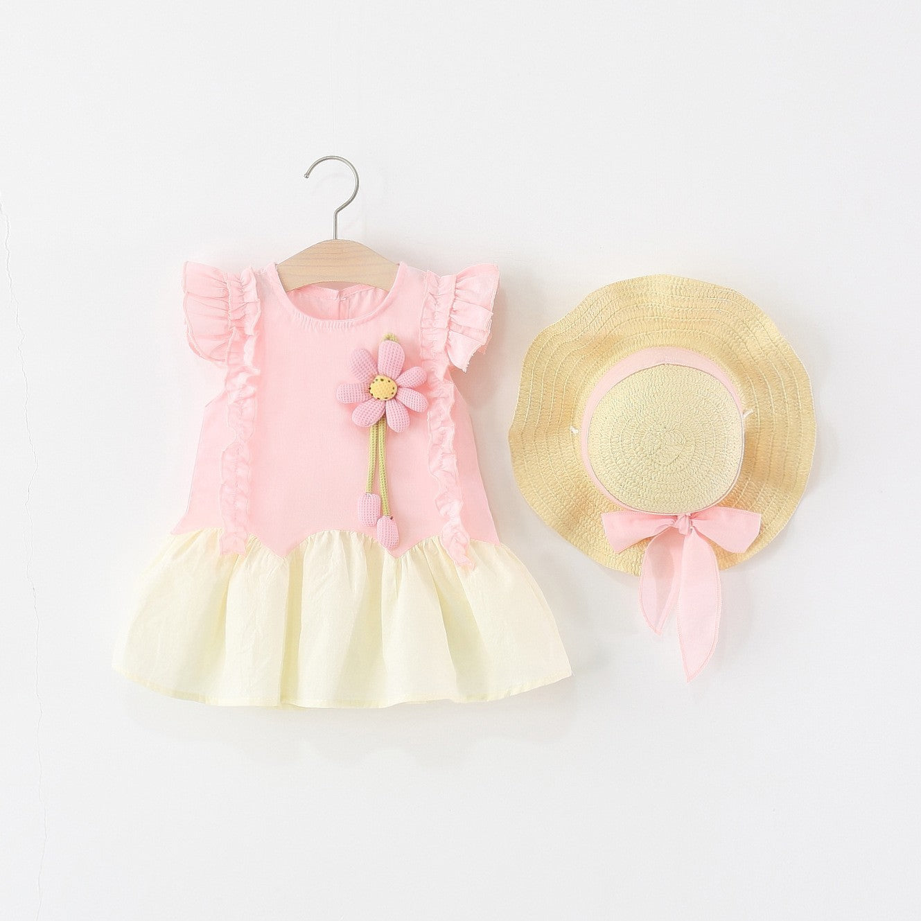 Wholesale Cotton Korean Style Girls Sleeveless Summer Princess Dress With Straw Hat