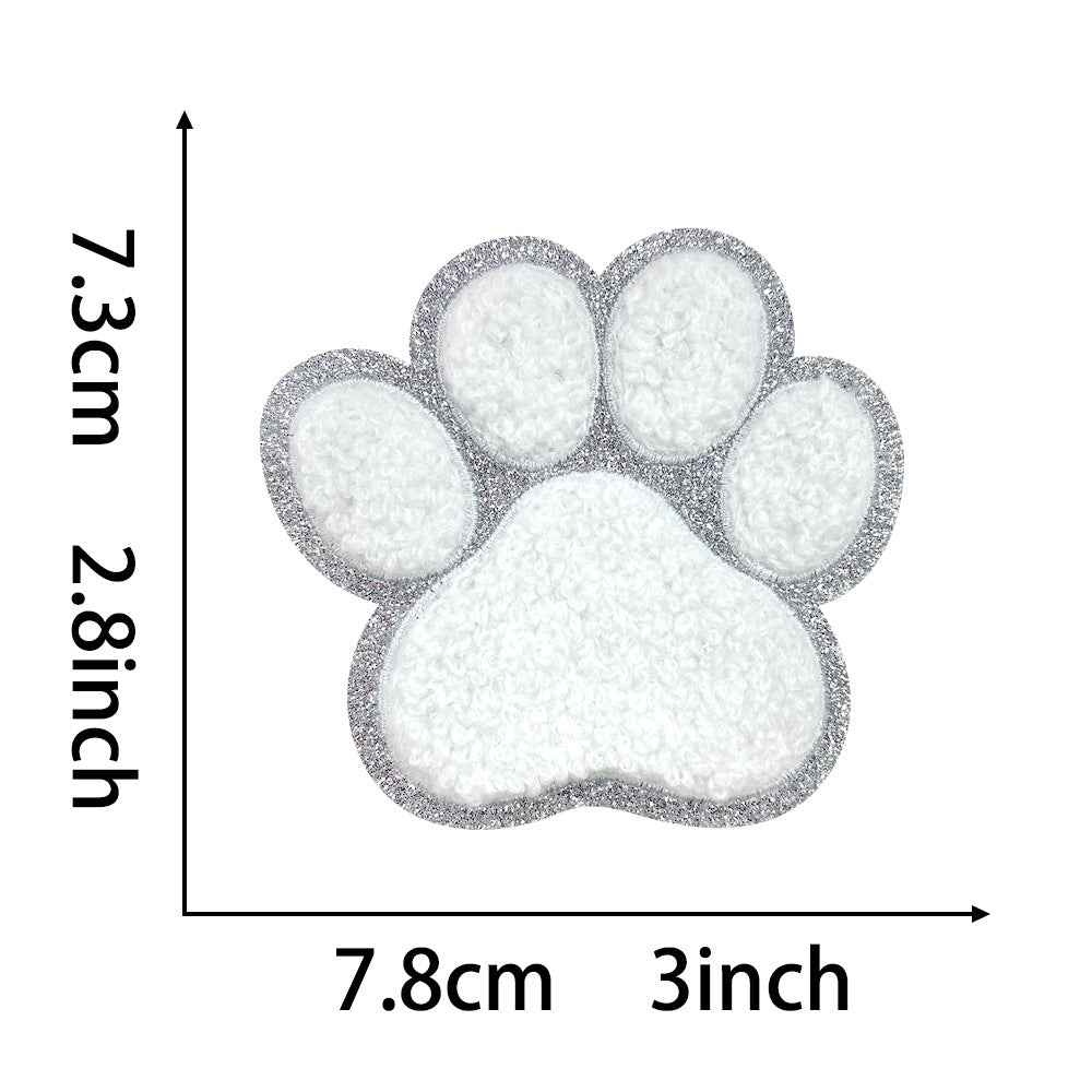Wholesale Dog Paw Glitter Chenille Embroidered Patch Heat Activated DIY Applique For Shoes Hats And Pet Decor