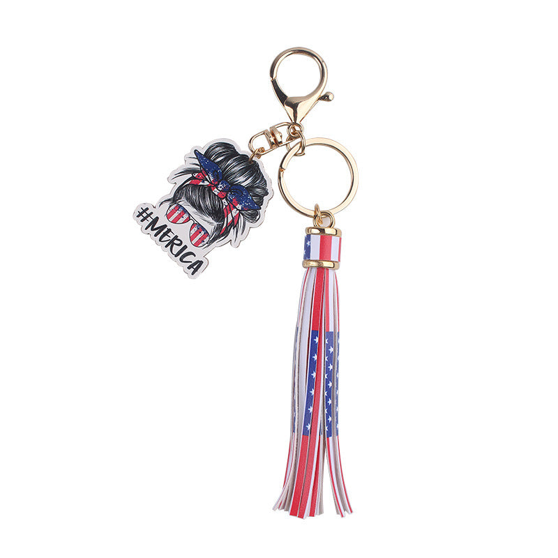 Wholesale American Independence Day Wooden Sign Tassel Keychain