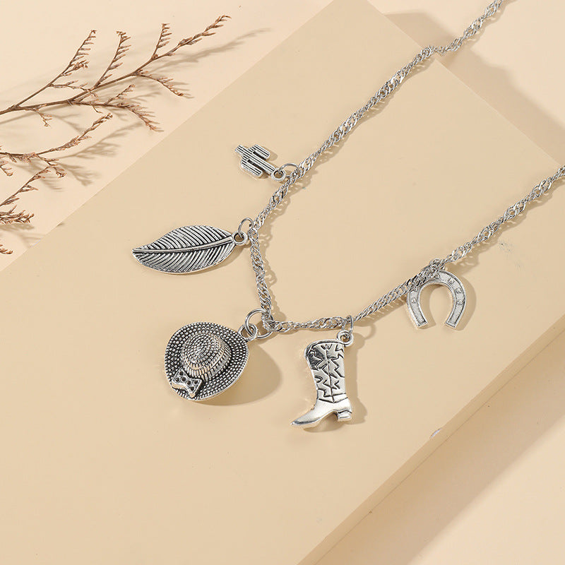 Wholesale Vintage Leaf Hat Boots Cactus Pendant Alloy Hollow Necklace