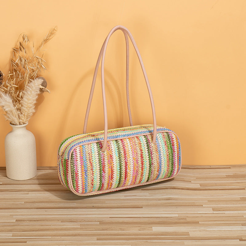 Wholesale 2023 Trendy Rainbow Large Capacity Grass Woven Beach Bags