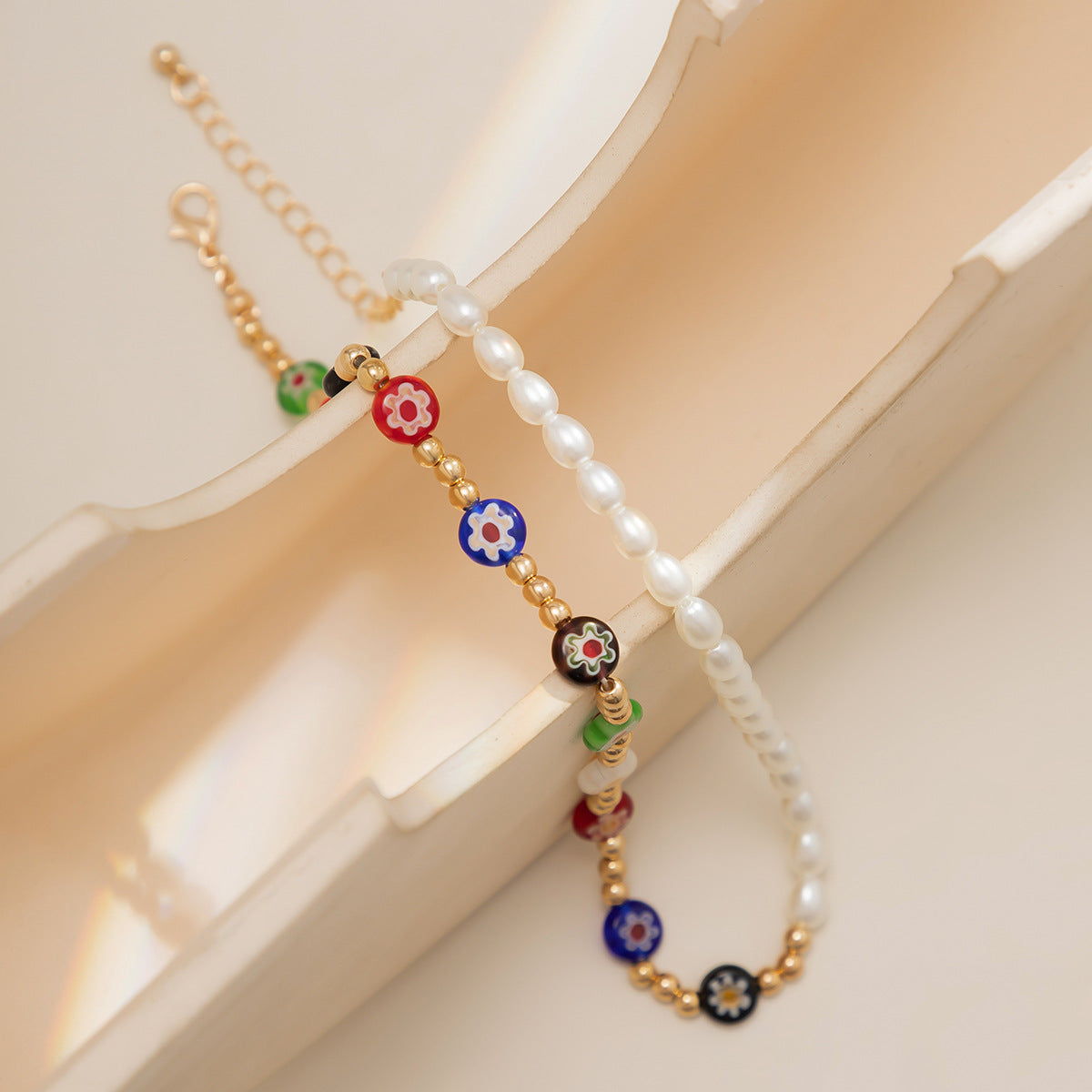 Wholesale Small Daisy Imitation Pearl Color Beaded Bracelet Necklaces Set