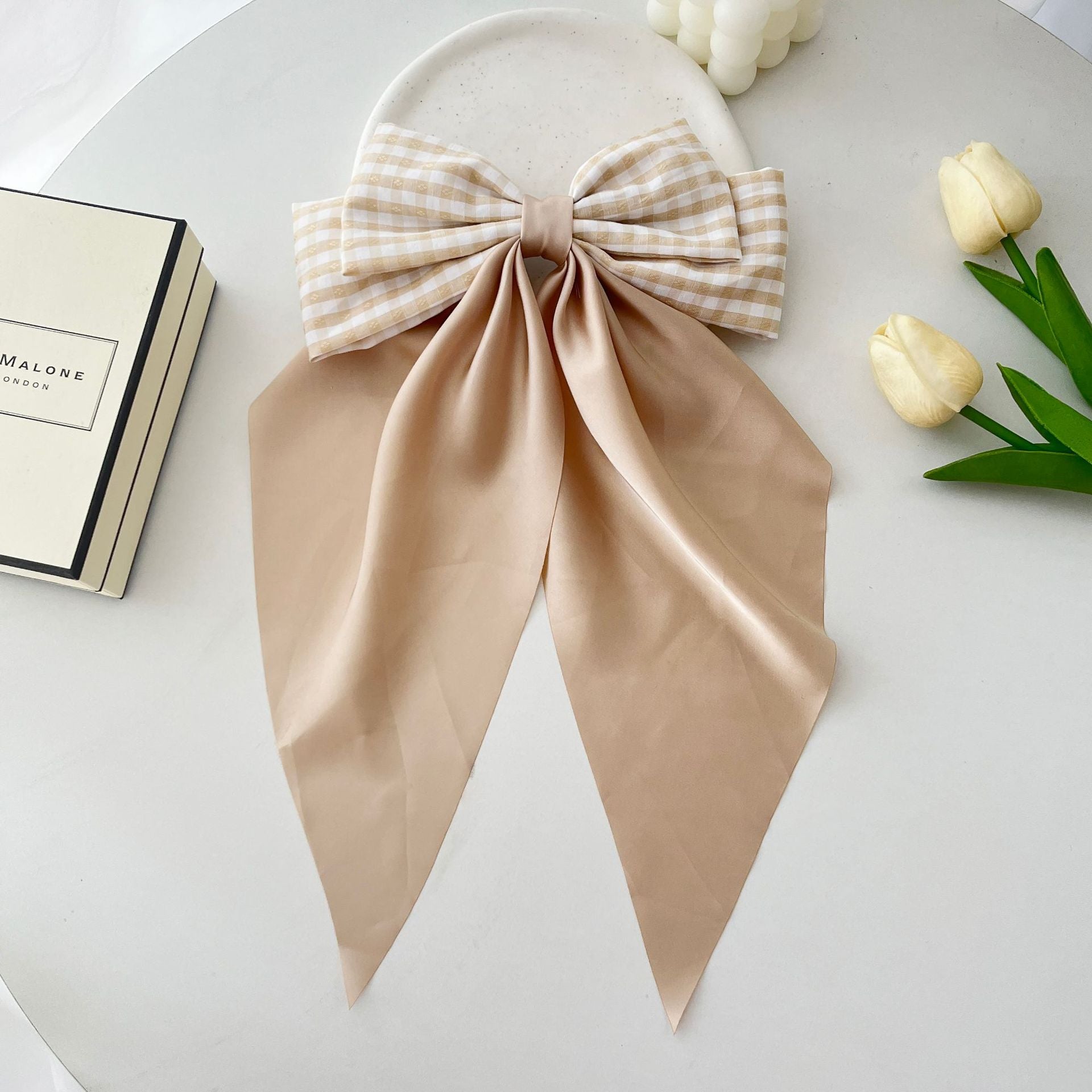 Wholesale 10PCS/PACK Fabric Plaid Long Satin Ribbon Bow Hairpin