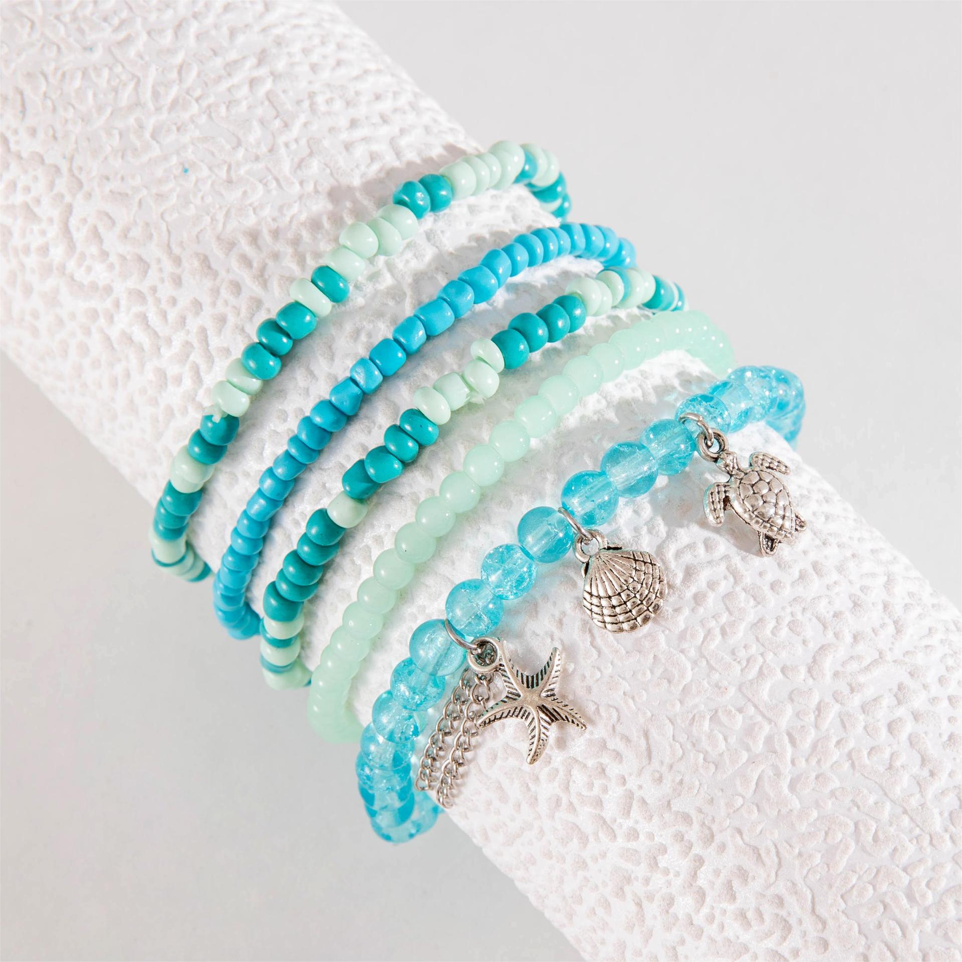 Wholesale Holiday style bohemian beaded stacking anklet starfish turtle shell pendant anklet five-piece set