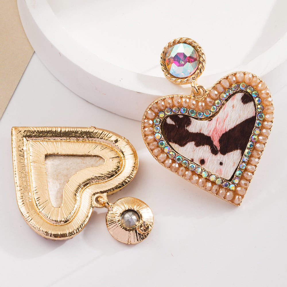 Wholesale Vintage Leopard Leather Diamond Heart Earrings
