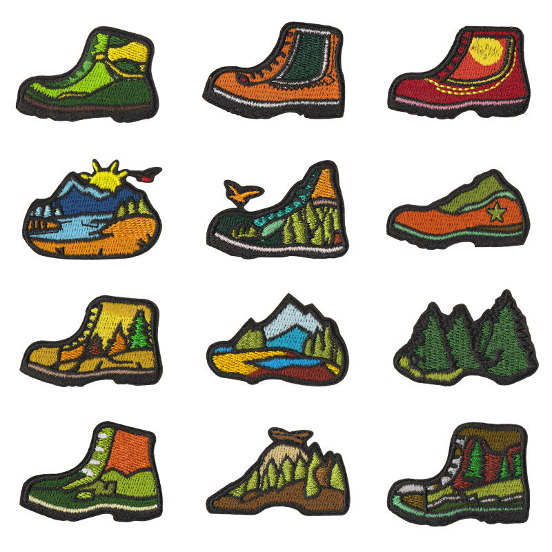 Wholesale 12 Piece Embroidered Patches Iron On Camping Hiking Nature Designs For Shoes Bags Coats