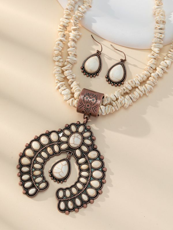 Wholesale Retro round flower turquoise pendant ethnic style alloy geometric earrings necklace jewelry set