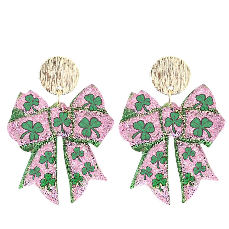Wholesale  2pairs/pack  St.  Patrick' s Day Acrylic Sparkling Boots Bow Element Earrings