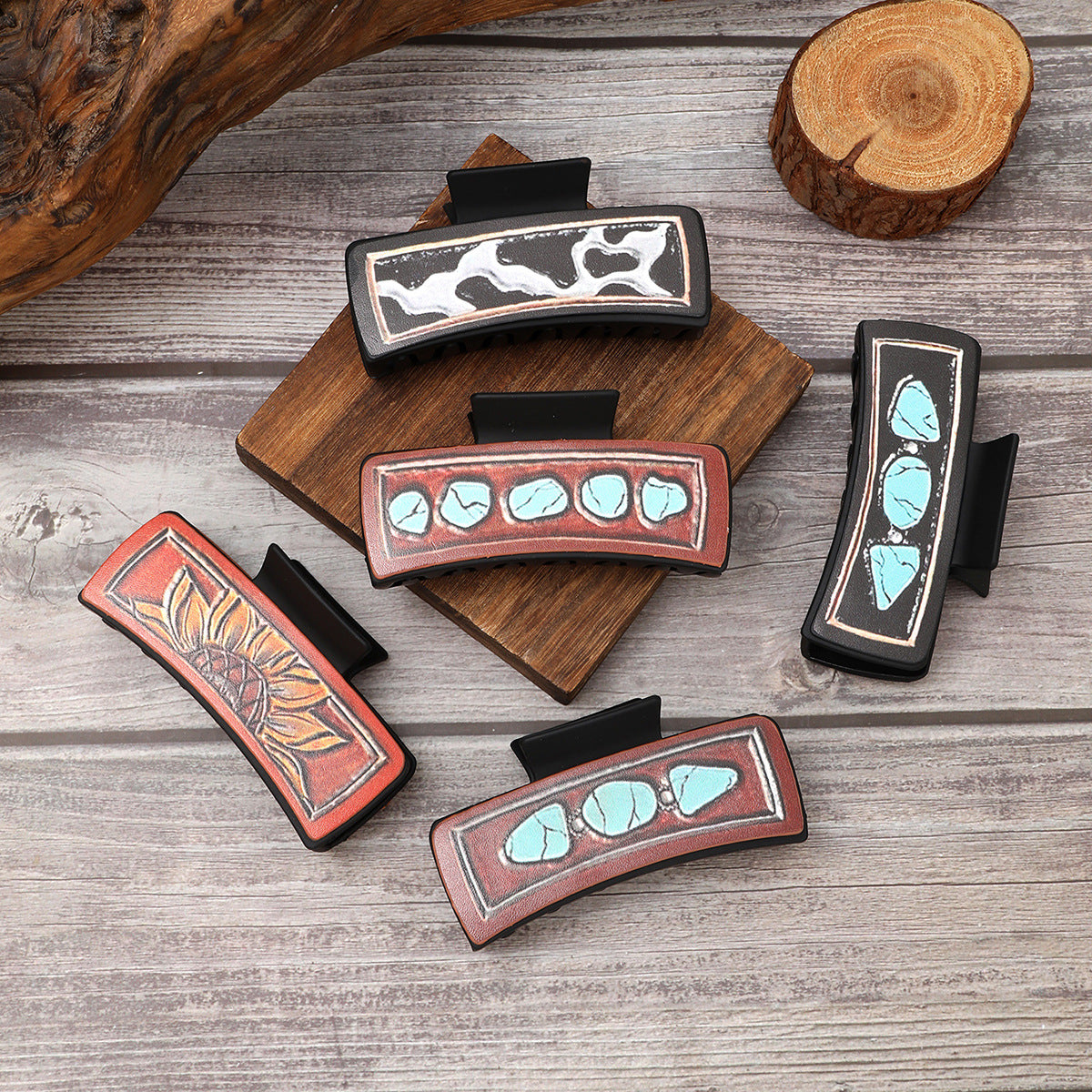 Wholesale Retro Sunflower Artificial Leather Shark Clip For Women Handmade Western Style Hair Accessory Gift
