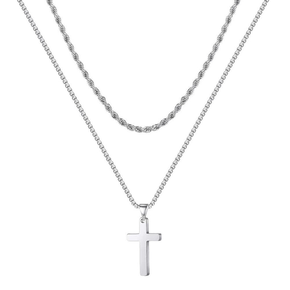 Wholesale Snake bone chain double layered cross pendant stainless steel necklace