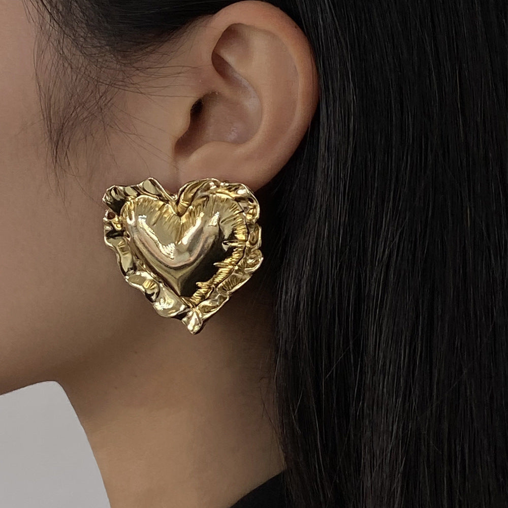 Wholesale wrinkled metal big heart earrings
