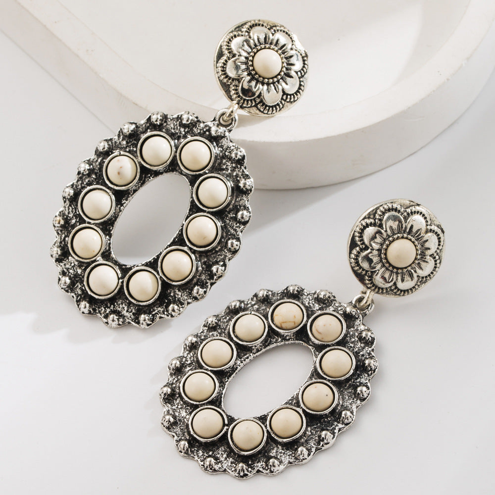 Wholesale Retro Western Turquoise Inlay Alloy Earrings Hollow Flower Design For Women Fashion Accessory