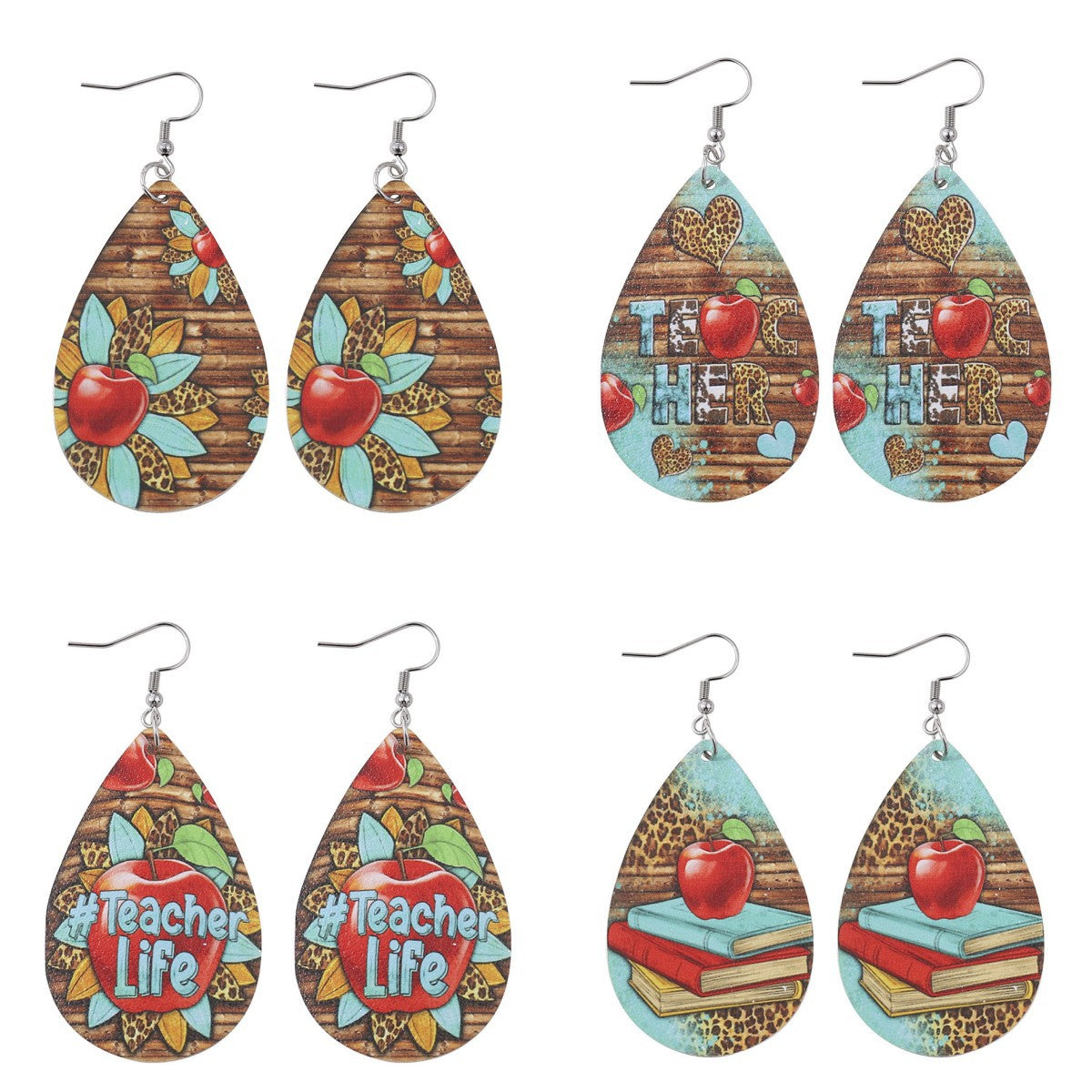 Wholesale Teacher Apple Leopard Leather Drop Earrings