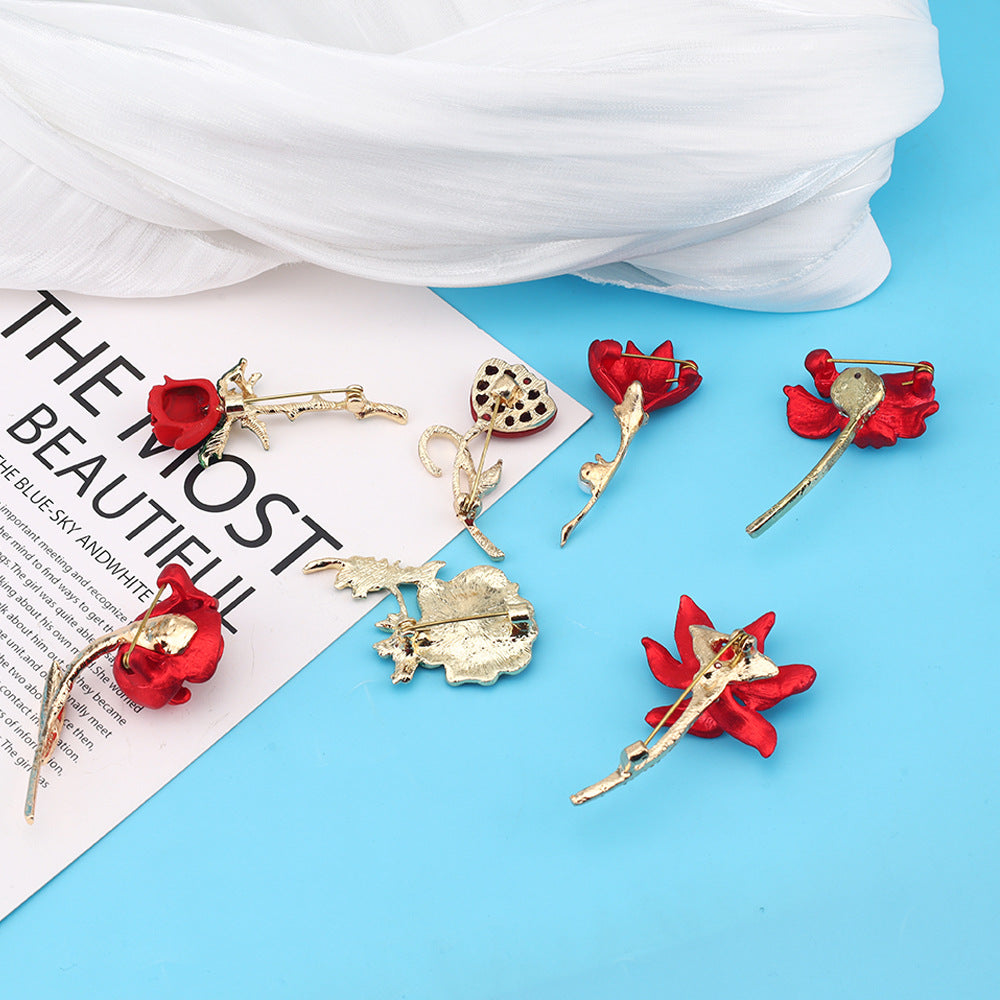 Wholesale Red rose inspired pearl studded diamond brooch