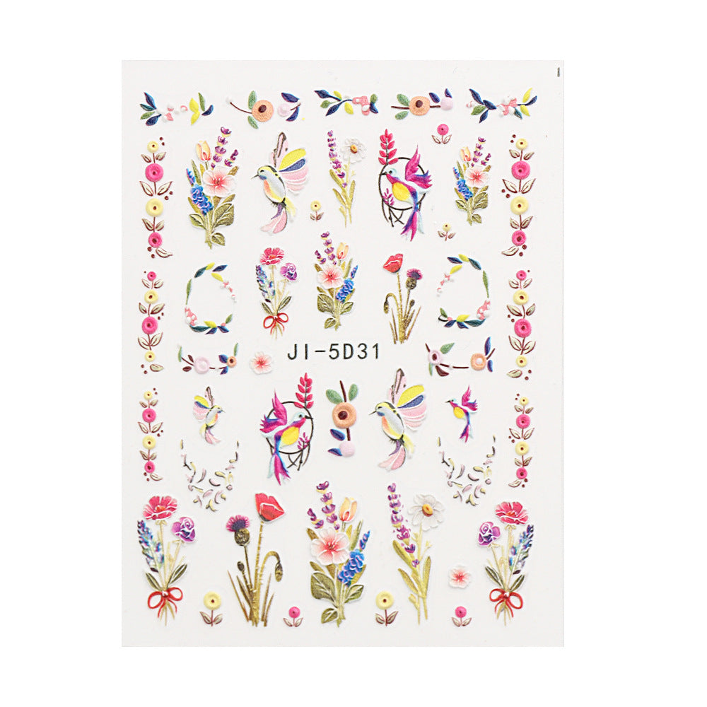 Wholesale 3pcs/pack  Manicure Relief Stickers 5D Spring Flowers and Birds Stereo Bronzing Stickers