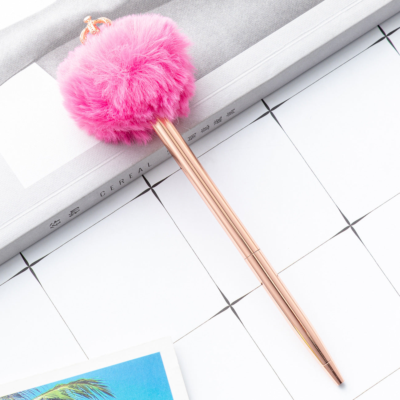 Wholesale Crown Hair Ball Creative Metal Plush Ballpoint Pen